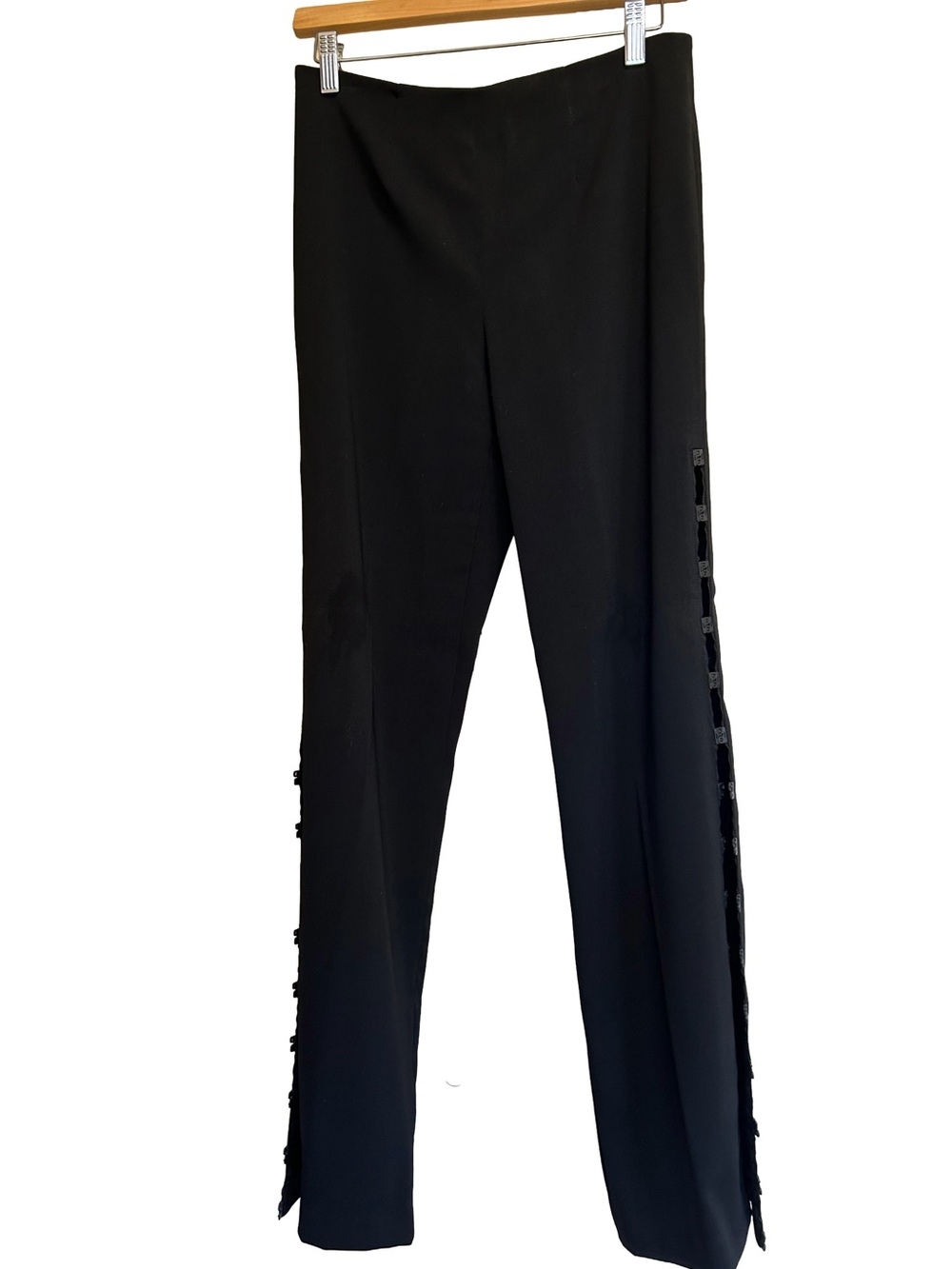 VTG 90s Victoria Pappas Hook & Eye Side Slit Pants Black Back Zip Trousers 4P